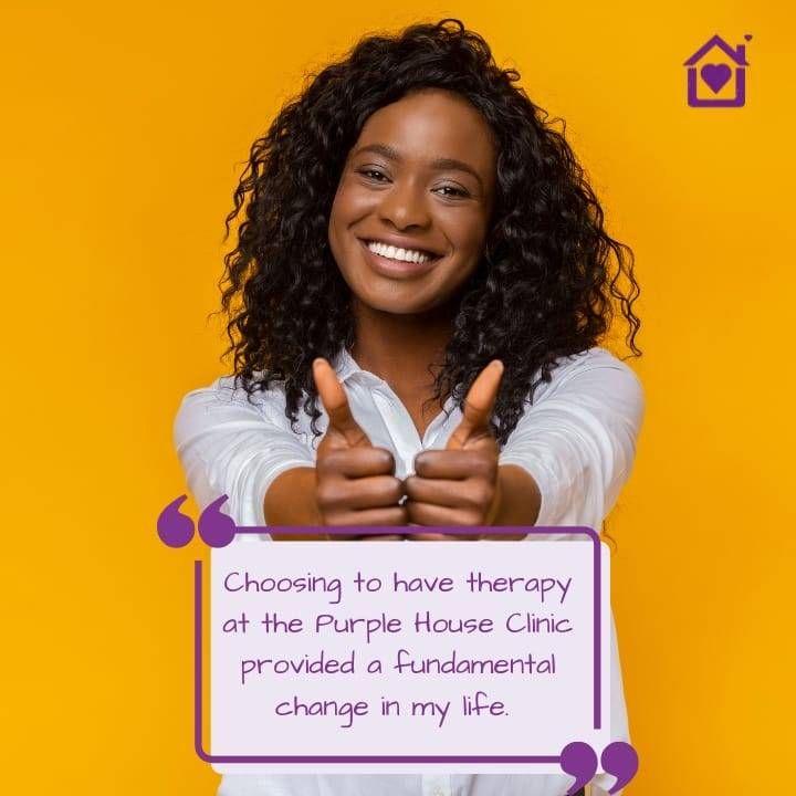 Happy client testimonial at Purple House Clinic Smiling woman giving thumbs up with a Purple House Clinic logo and testimonial quote