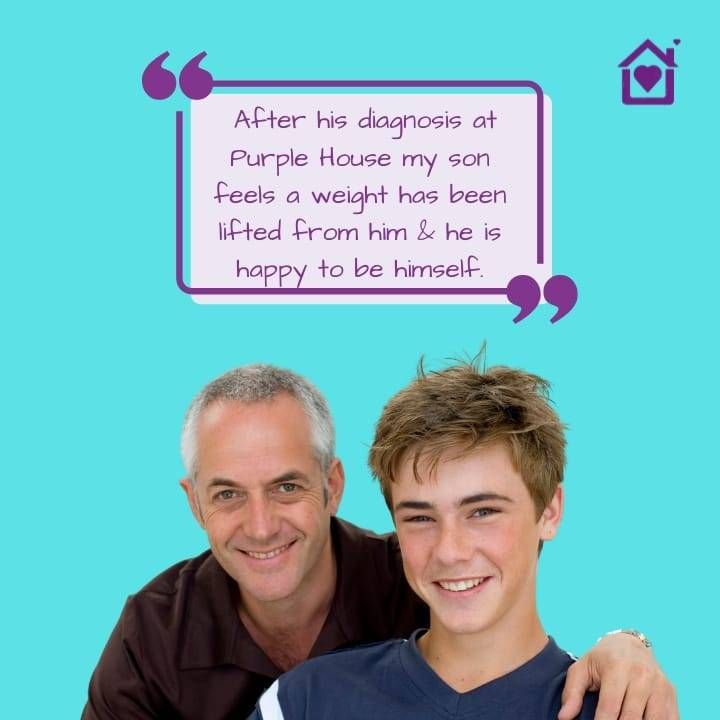 Father and Son Express Gratitude for Purple House Support Smiling father and son with a positive message about Purple House providing support after a diagnosis.