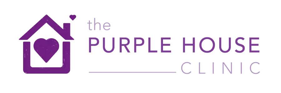 The Purple House Clinic logo: To the left, a simple purple house with a purple heart inside, with a small purple heart coming from the chimney. To the right, the Purple House Clinic text logo.