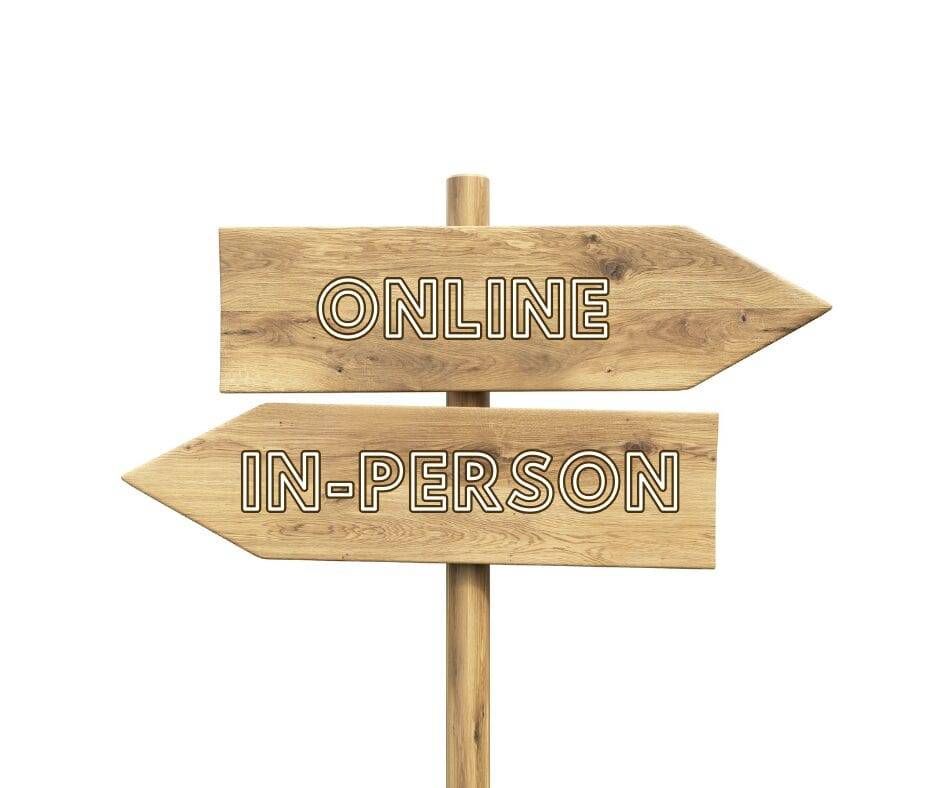 online or in-person Sign posts representing therapy options at the Purple House Clinic: Left=in-person therapy; right = online therapy