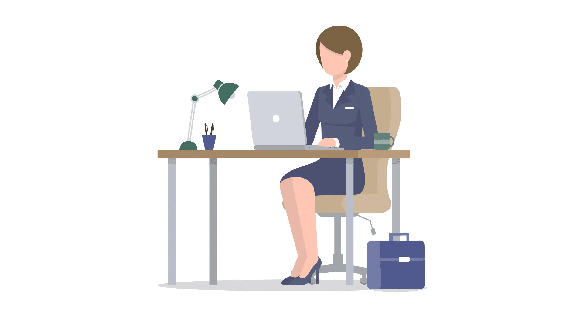 Vector image of a woman in a business suit sitting a computer desk representing the Purple House Clinic's online wellbeing and therapy service for businesses.