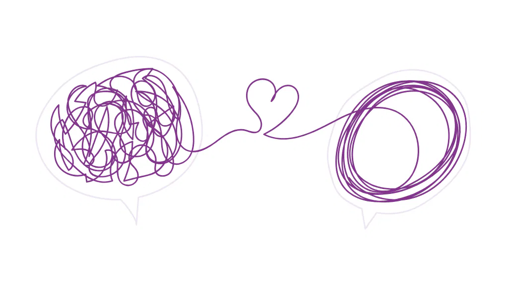 Two abstract thought bubbles are connected by a continuous purple line forming a heart in the centre. The left bubble contains tangled, chaotic scribbles, whilst the right bubble shows organised and orderly loops, symbolising clarity. This artwork represents the transformative process of EMDR therapy in resolving emotional distress and mental clutter.