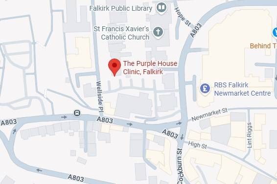Map showing Purple House Clinic Falkirk location with red pin on Wellside Place near A803