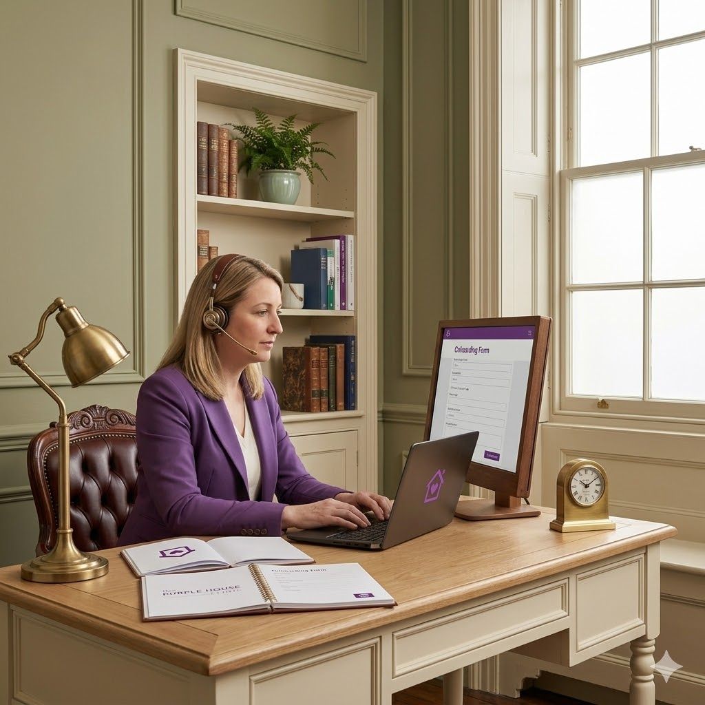 A professional female administrator seated at a light wood traditional desk, wearing a modern call headset and focused on call-handling. A laptop screen, angled monitor, and two open notebooks on the desk clearly display 'The Purple House Clinic' logo. The light-filled study features sage green paneling, bookshelves, a sash window, a brass lamp, and a vintage clock, creating an efficient and professional environment.