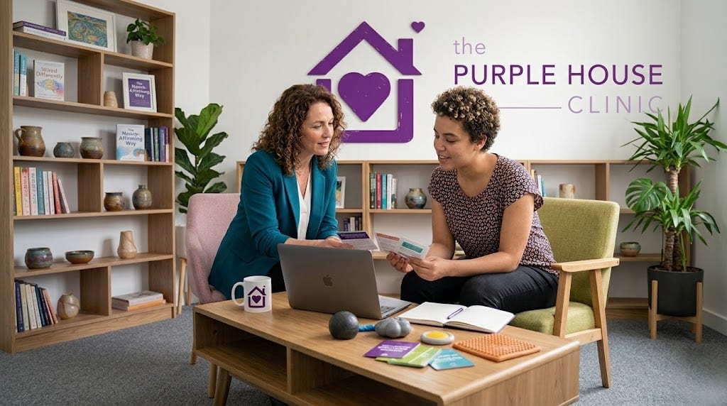 A 16:9 photograph set within a bright, specialised clinic environment at Purple House. A female clinician (wearing a teal blazer) and an adult client (wearing a patterned top) are seated at a wooden coffee table, collaboratively reviewing information on a laptop and resource cards. The room is modern and welcoming, featuring extensive wooden bookshelves filled with diverse books and pottery, and several thriving large house plants. On the back wall, the official 'purple house with heart' logo and a large sign that reads 'the PURPLE HOUSE CLINIC' are prominently displayed. A branded mug sits on the table.