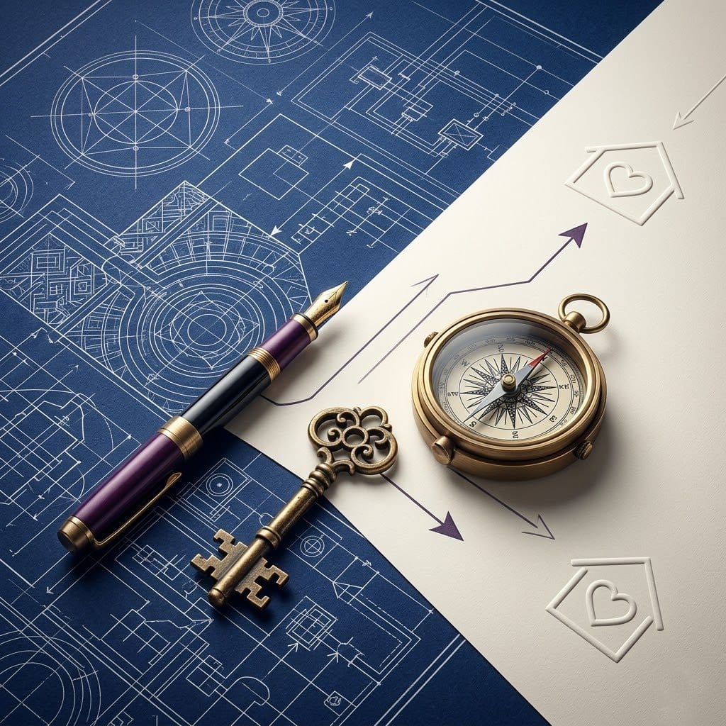 A 1:1 photorealistic conceptual photograph for Purple House Clinic. On layered archival blueprints, a complex, recursive indigo map transitions to a clean directional pathway. Resting on this enabled path are an intricate brass key and a detailed maritime compass. A premium fountain pen indicates the decision to act. The official heart-house logo is embossed as the final destination. The colours are deep creams, purple, and brass.