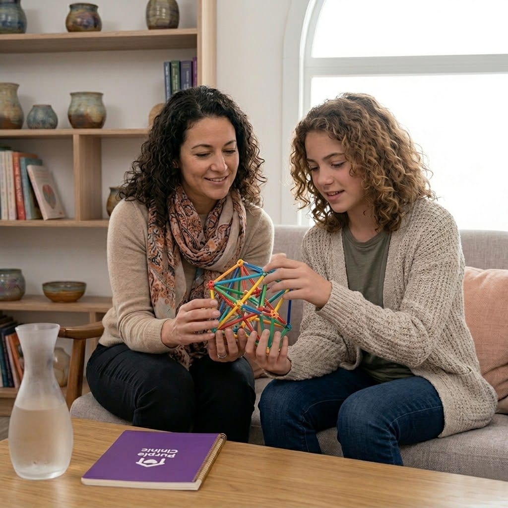 A 1:1 photograph in a Purple House Clinic therapy room, showing a female clinician and a neurodivergent teenager collaborating. They are actively focused on joint problem-solving, holding and manipulating an intricate, multi-coloured geometric structure. On the coffee table in front of them is a clear water carafe and a purple clinic-branded notebook. The large arch window and bookshelf are visible in the background. The atmosphere is calm and productive.