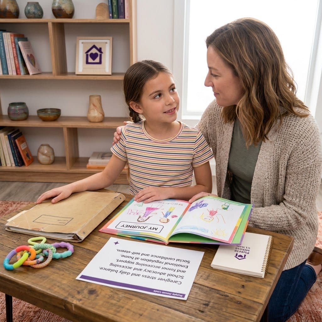 A 1:1 lifestyle photo of a mother and daughter sitting at a wooden table in a neuro-affirming clinic. The child is showing her mother a 