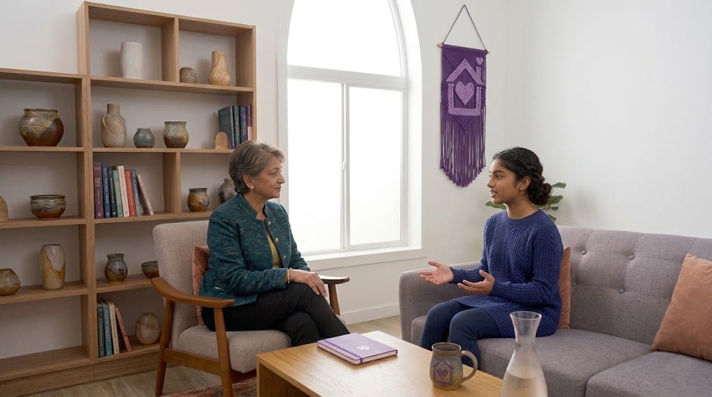 A 16:9 photo of a kind female clinician and a teenager seated together in a bright, modern living room at Purple House Clinic. They are collaboratively focused on a multi-colored sensory tangle toy. On the light wood coffee table in front of them is a purple 'Purposeful Path' notebook and a small potted succulent. The background includes a large bookshelf and a decorative macrame heart-house wall hanging.