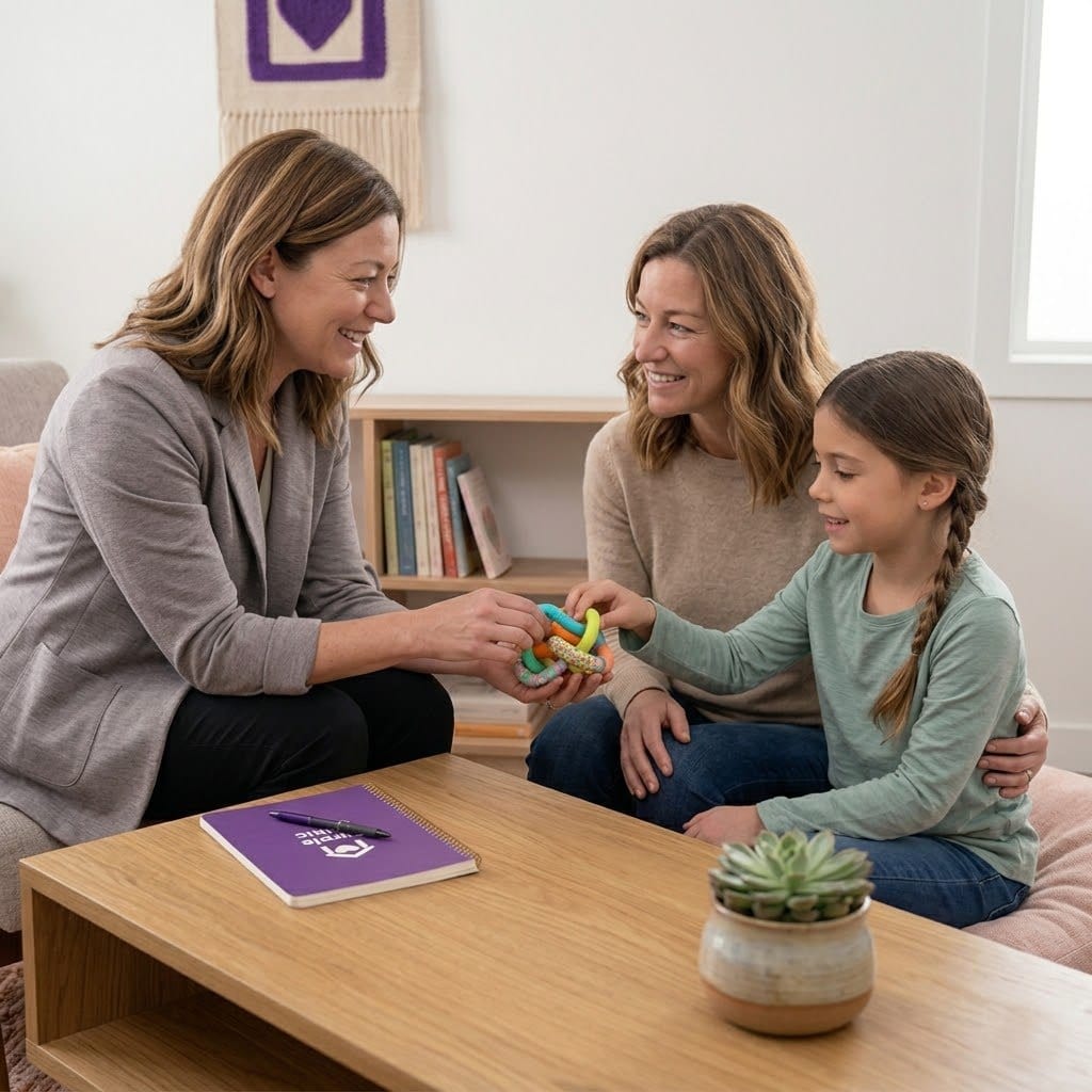 A 1:1 photo showing a female clinician smiling and engaging with a young girl and her mother at Purple House Clinic. The clinician is handing a colorful sensory fidget toy to the child. A purple clinic-branded notebook and a small succulent sit on a light wood coffee table. The atmosphere is calm, professional, and supportive.