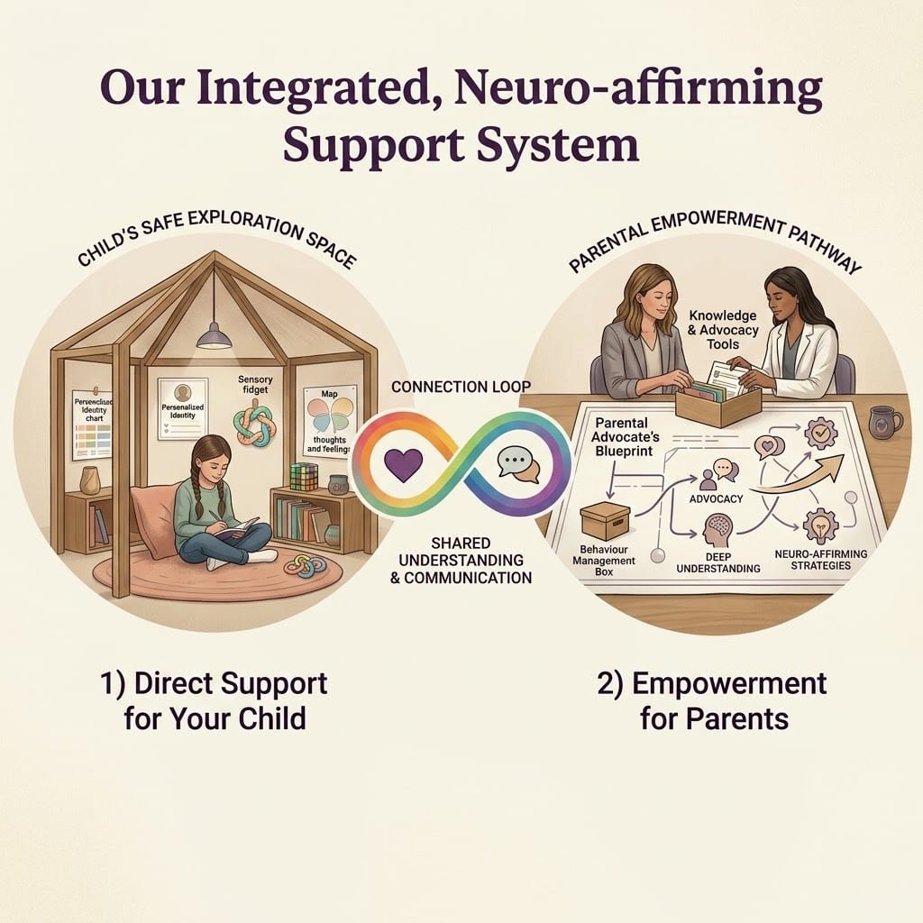 A 1:1 infographic titled Our Neuro-affirming Ecosystem. On the left, a child sits in a cozy wooden 'exploration space' with sensory tools. On the right, two women in professional-casual attire collaborate over an advocacy blueprint with icons for a compass, a key, and a lightbulb. A rainbow infinity symbol with a heart and speech bubble connects the two sections.