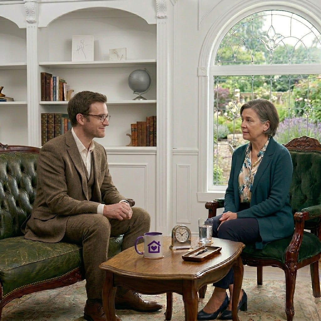 A younger male clinician with glasses and a subtle smile sitting across from an adult client in a bright, modern-Victorian room with white bookshelves and a leaded glass window. A Purple House Clinic logo mug is on the table between them