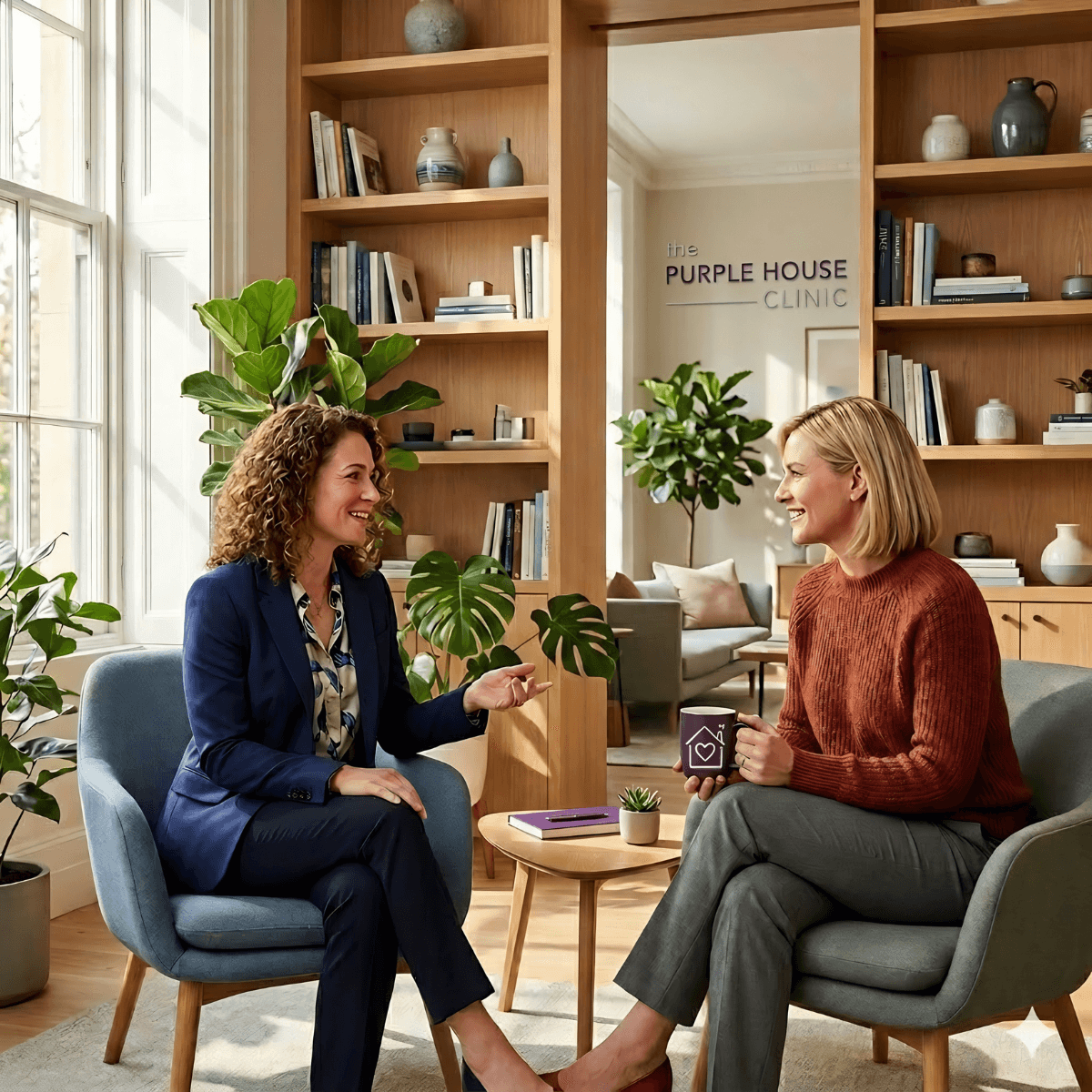 Purple House Clinic: A Supportive, Premium Workplace for Clinicians A 1:1 photorealistic lifestyle photograph of two professionals having a warm, collaborative conversation in a beautiful, light-filled clinic room at Purple House Clinic. The room features modern furniture, light oak bookshelves, and large house plants. One professional is holding a branded Purple House coffee mug. The setting is calm, professional, and non-medical.