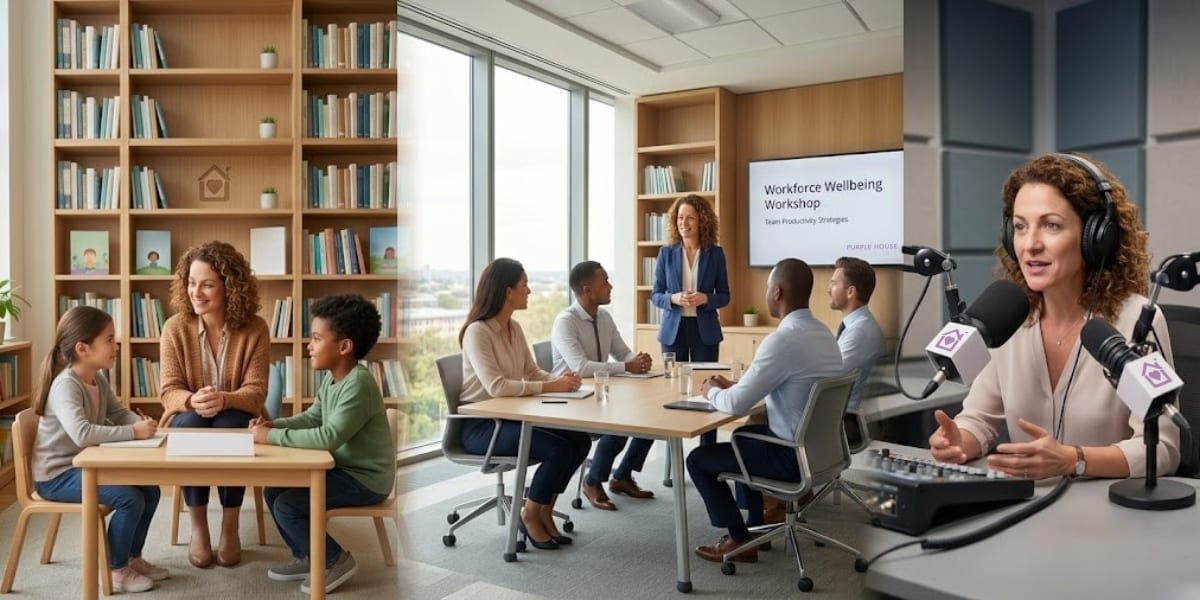 Purple House Clinic Schools, Business, and Media Support A three-panel image showing a clinician working with two young school pupils in a library, a professional leading a corporate workforce wellbeing workshop in a modern boardroom, and a psychologist speaking into a Purple House Clinic branded microphone in a recording studio.