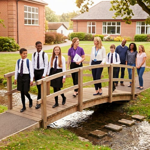 school-community-wellbeing-benefits Primary and secondary school pupils walking across a wooden campus bridge alongside parents, teachers, and a Purple House Clinic practitioner.