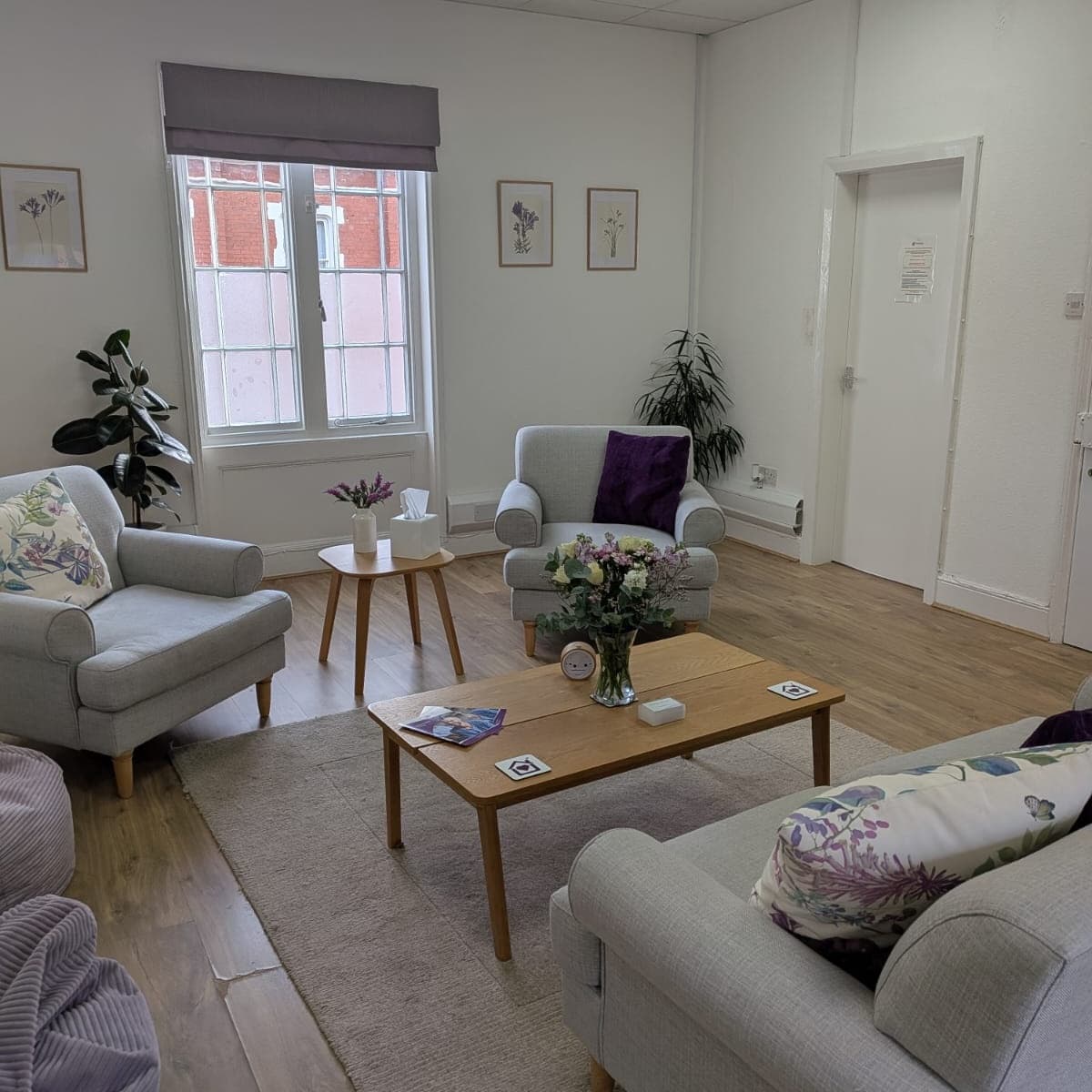 A square image of a stunning therapy room at the Purple House Clinic in Nottingham.