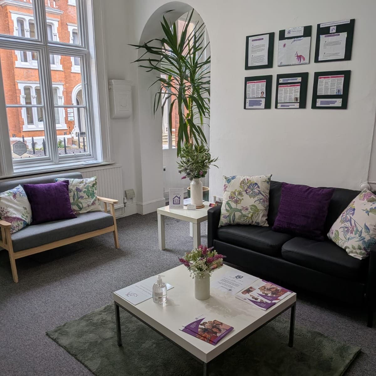 A square image of the beautiful waiting room at the Purple House Clinic in Nottingham.