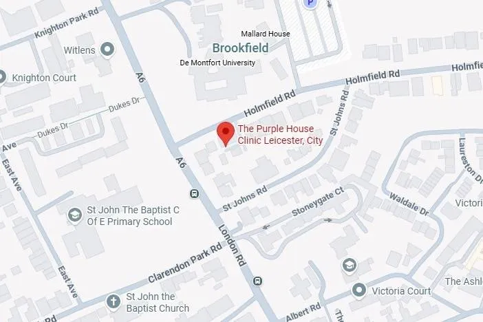Map showing the Purple House Clinic Leicester (City) on Holmfied Road (off London Road) with red pin.