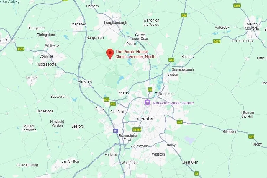 Map showing the Purple House Clinic Leicester (North) in Woodhouse Eaves location with red pin