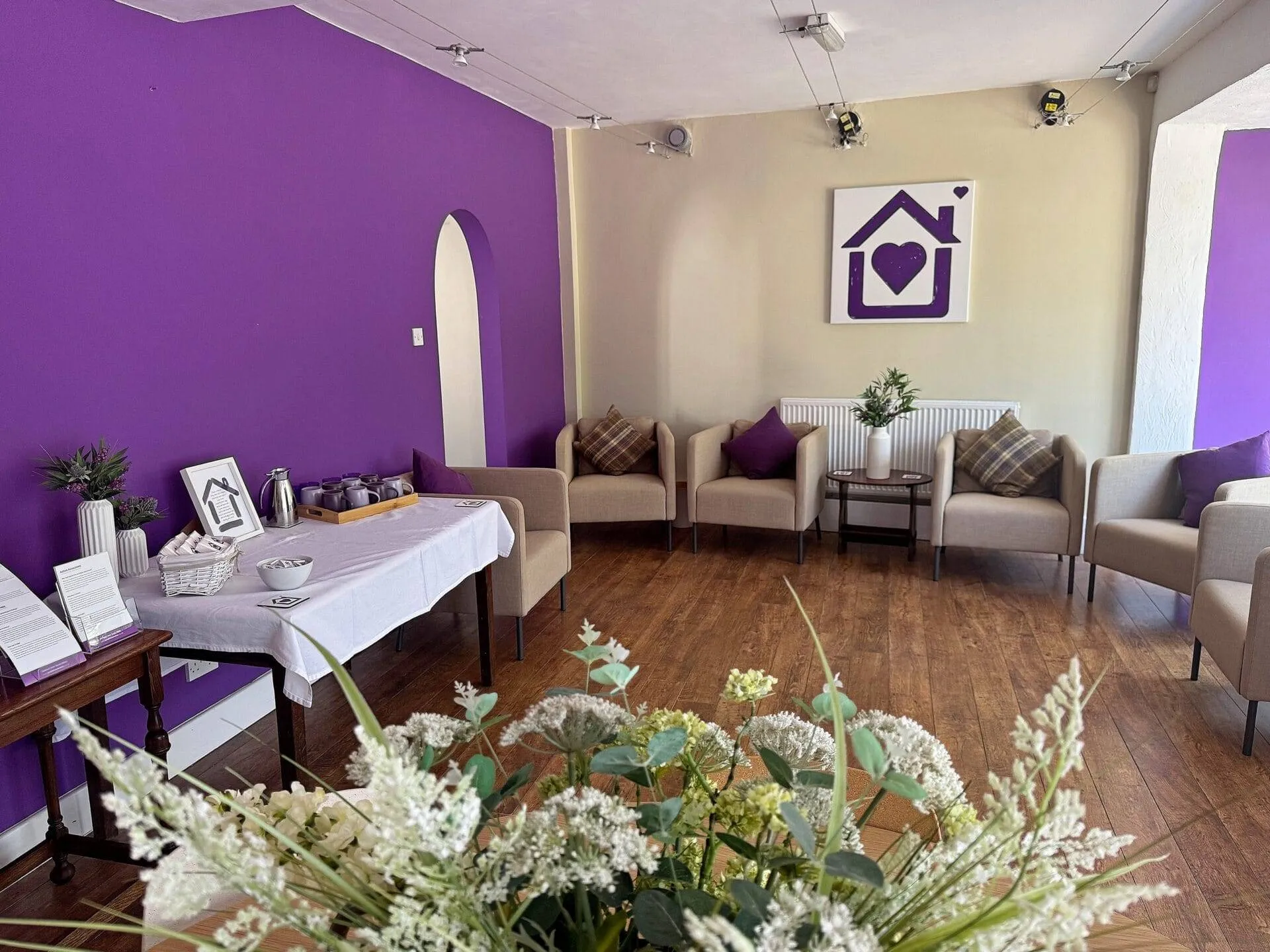 The comfortable, private waiting room at Purple House Clinic Woodhouse Eaves, providing a calm environment for mental health clients visiting from nearby Rothley.