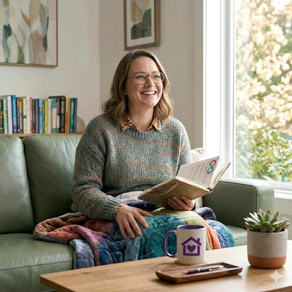 A happy, relaxed adult woman with glasses sitting on a green sofa, smiling and holding a notebook with a rainbow infinity symbol. A Purple House Clinic logo mug is on the table in front of her. She is draped in a colourful, soft blanket in a bright, modern room.
