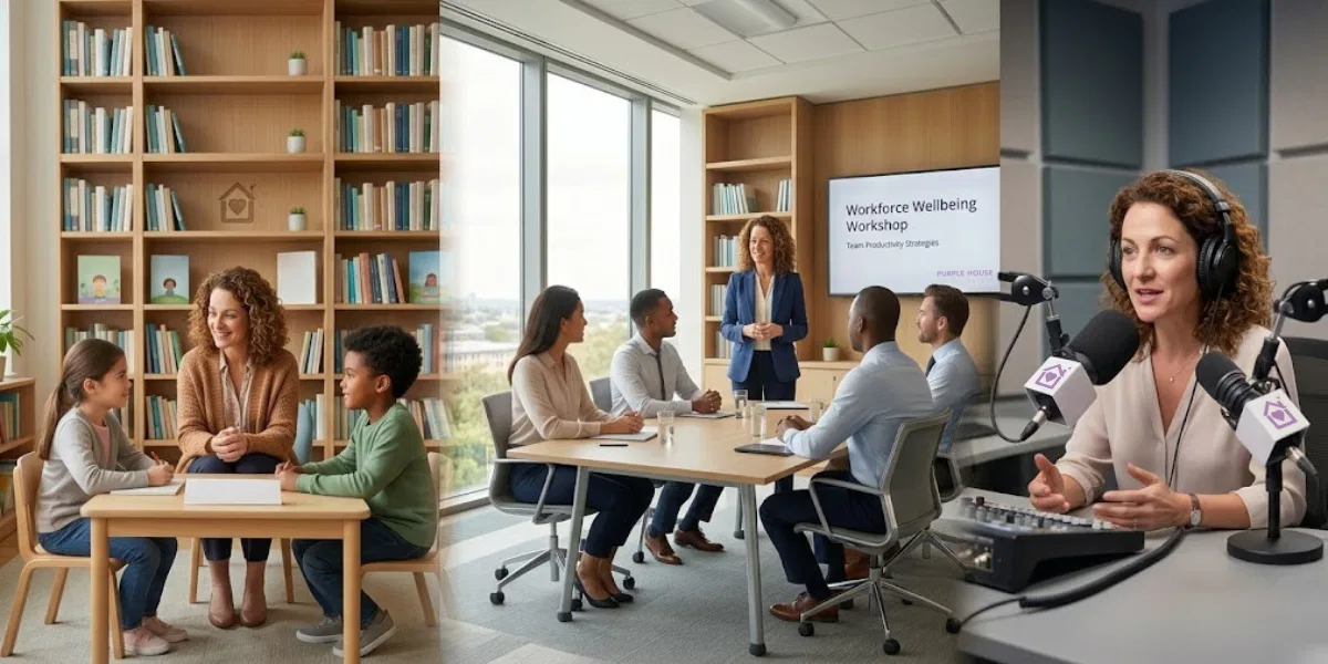 Purple House Clinic Schools, Business, and Media Support A three-panel image showing a clinician working with two young school pupils in a library, a professional leading a corporate workforce wellbeing workshop in a modern boardroom, and a psychologist speaking into a Purple House Clinic branded microphone in a recording studio.